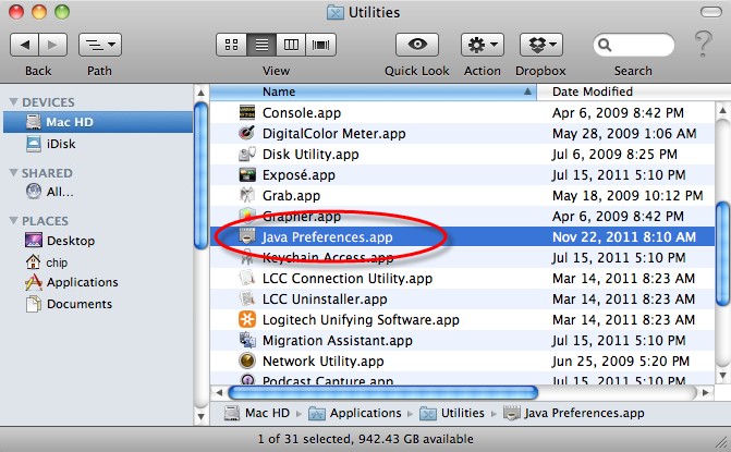 Mac Java preferences circled in the Utilities folder
